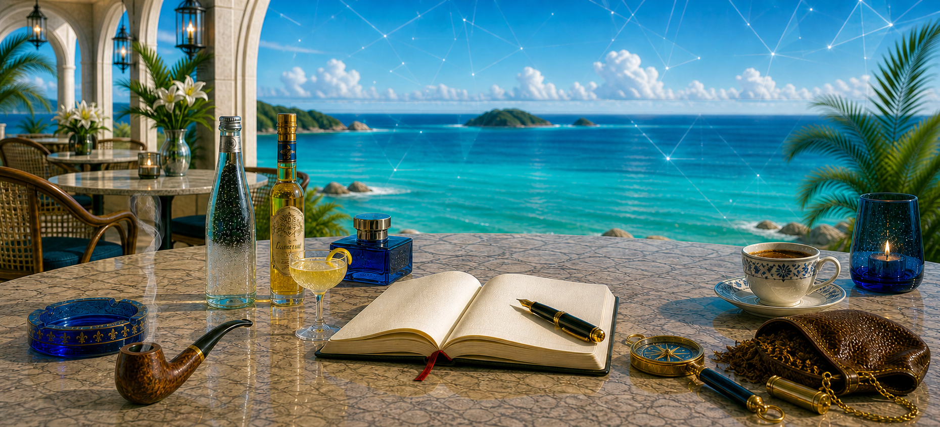Oceanside tobacco cafe reading table with one smoking pipe, blue ashtray, one open notebook, fountain pen, sparkling water, Chartreuse-style bottle, Alaska cocktail, coffee, compass, flowers, candles, and Caribbean skyroad view.