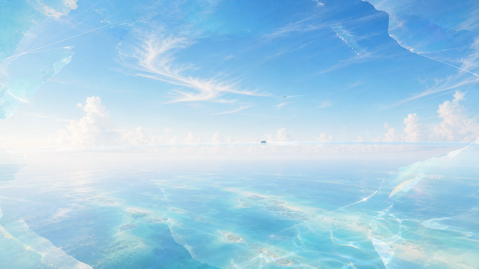 Afternoon Y2K Caribbean horizon with a distant translucent sky road and bright ocean light.