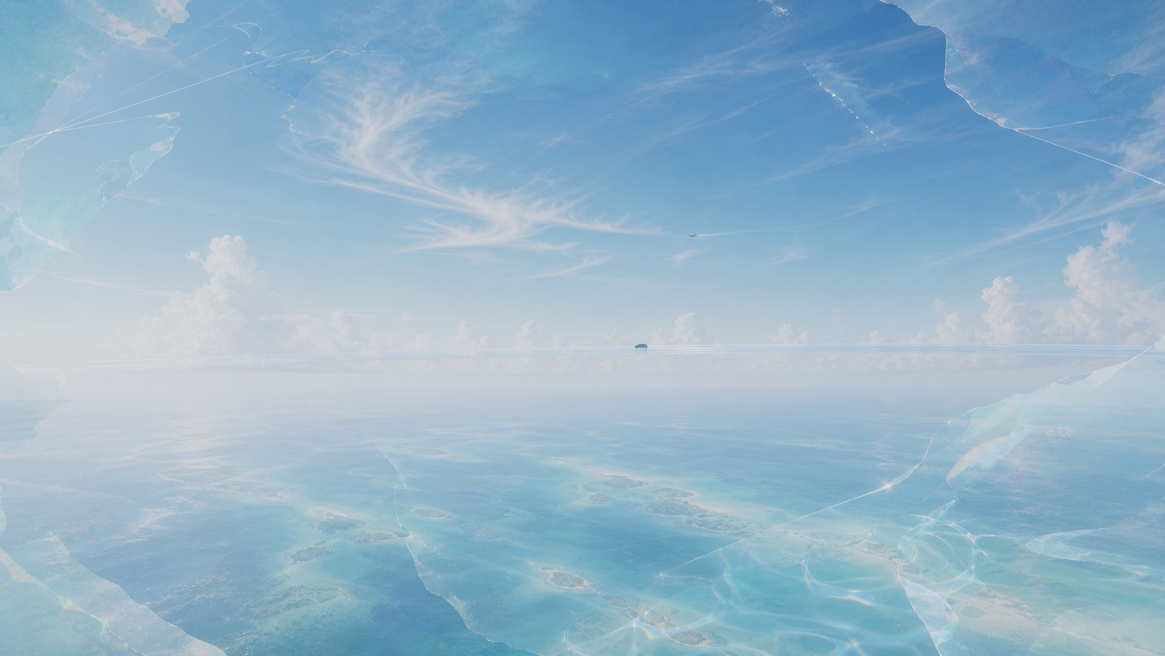 Dawn Y2K Caribbean horizon with a distant translucent sky road and pale ocean light.
