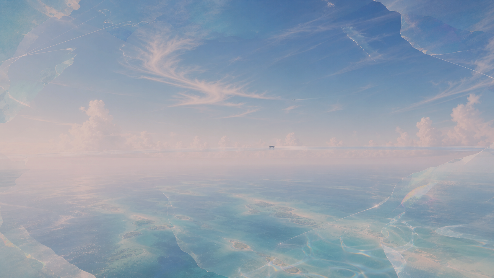 Dusk Y2K Caribbean horizon with a distant translucent sky road and warm ocean light.