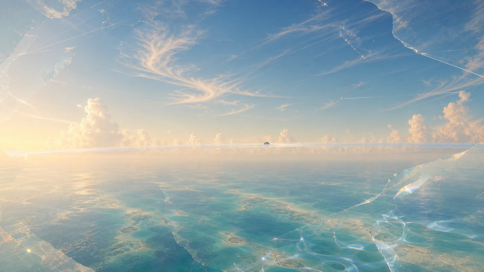 Evening Y2K Caribbean horizon with a distant translucent sky road and warm late daylight.