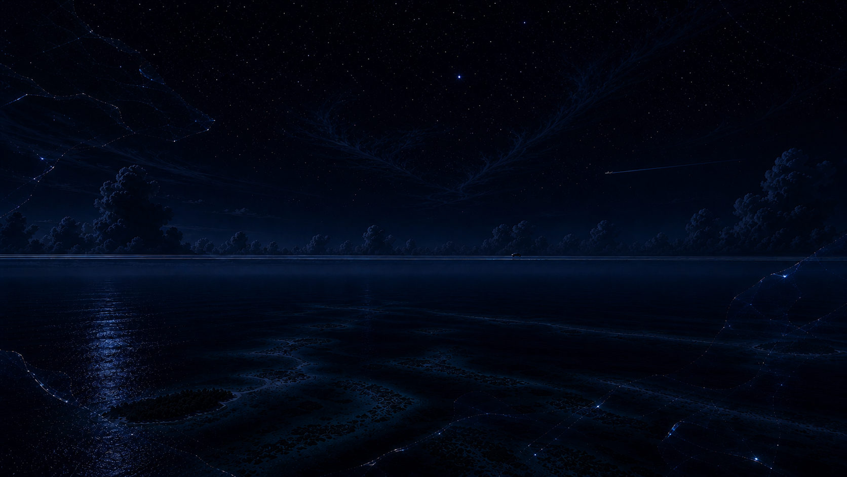 Midnight Y2K Caribbean horizon with a distant translucent sky road beneath a deep field of stars.