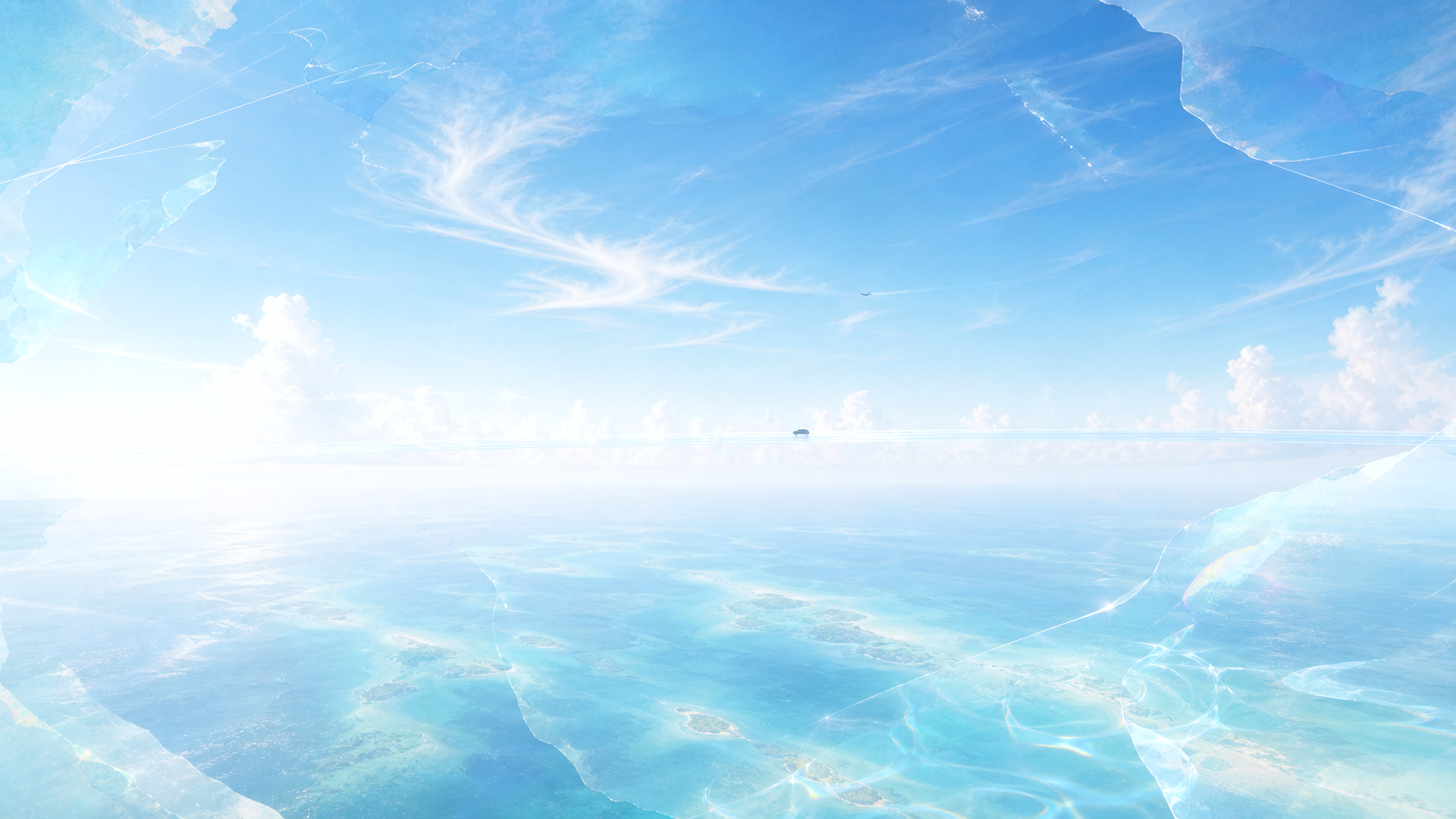 Morning Y2K Caribbean horizon with a distant translucent sky road and clear ocean light.