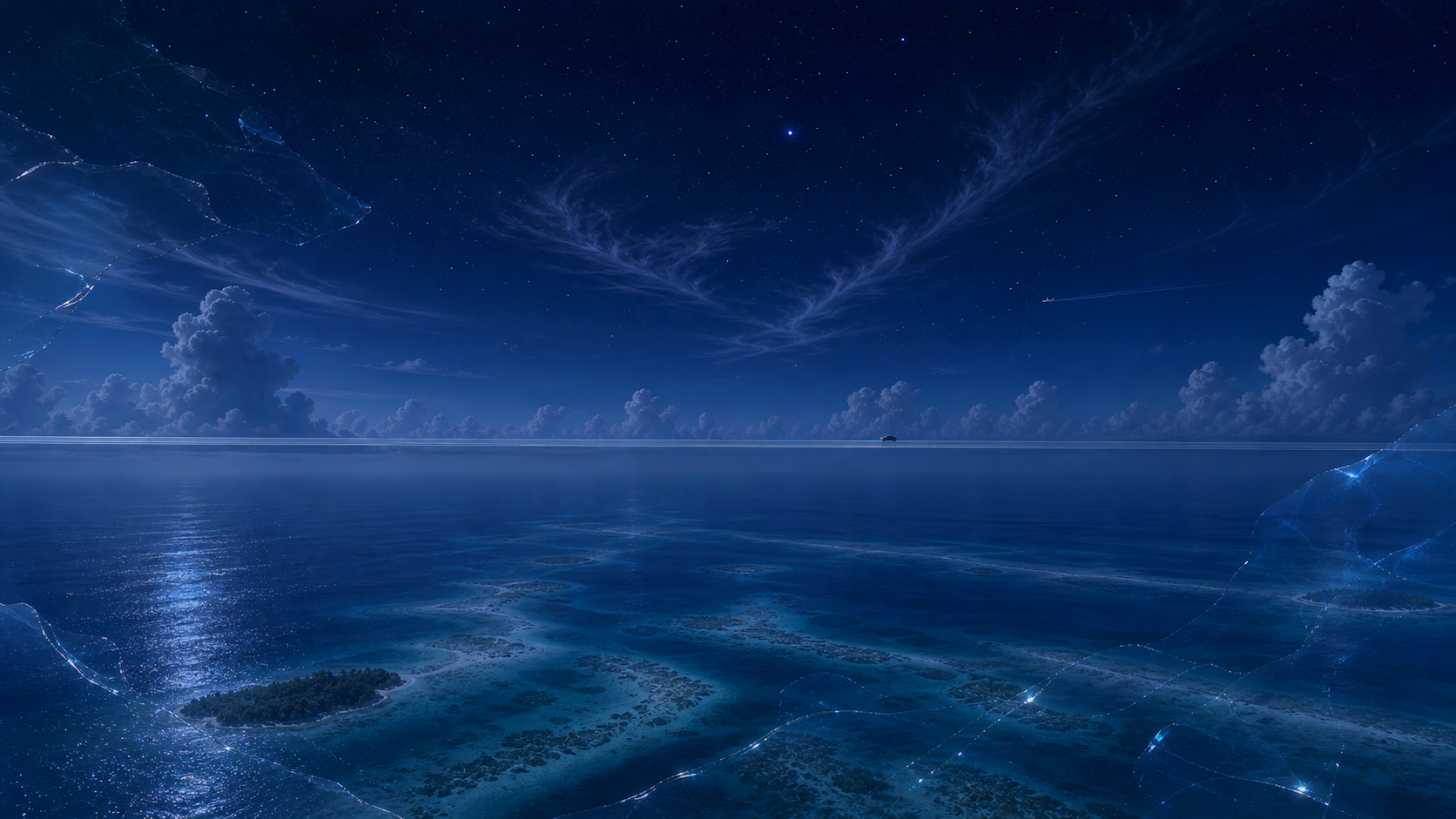 Night Y2K Caribbean horizon with a distant translucent sky road and moonlit ocean light.