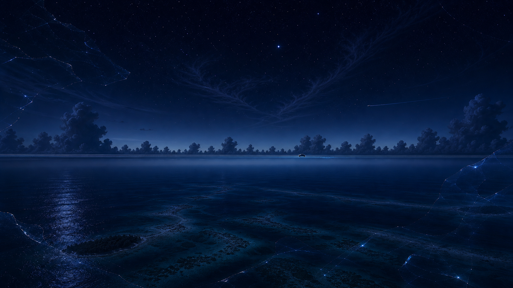 Pre-dawn Y2K Caribbean horizon with a distant translucent sky road and faint blue light before sunrise.
